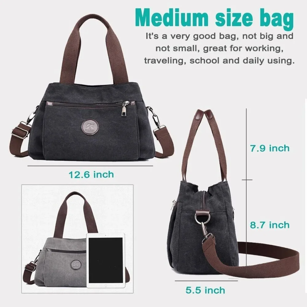 Canvas Hobo Handbag Women Multi Compartment Tote Crossbody Purse